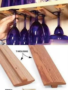 wine glasses are hanging on the shelf next to wooden dows and screws for fixing them