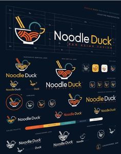 the logo for noodles duck is shown on a dark background with various logos and colors