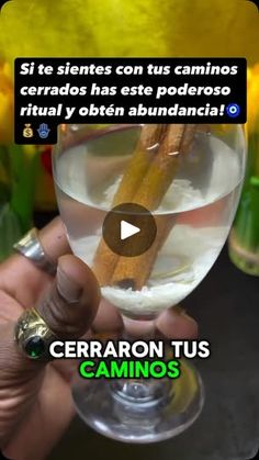 a person holding a wine glass filled with white liquid and cinnamon sticks in it's mouth