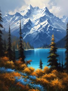 a painting of mountains and trees with water in the foreground