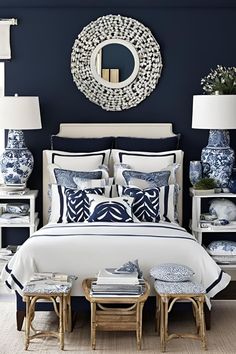 a bedroom with blue and white decor on the walls