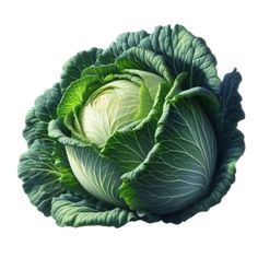 an illustration of a head of cabbage with green leaves on the top and bottom, against a white background