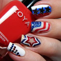 4th of July Nail Art.. glequins, cut-out stars & stripes! Featuring Zoya America and Gaia <3  | Sassy Shelly White And Blue Nail, 4th Of July Nail Art, 4th Of July Nail, July Nails