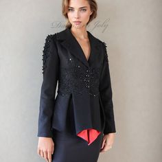 Black woolen jacket with pleated peplum, and open back. Featuring: -fabric- wool -embellished with lace, beads, pearls -fully lined  -asymmetrical, pleated peplum  -black glass buttons -notched collar -Long sleeves -ONE OF A KIND -made in France -length ( measured from the back) approx 65 cm ( 24 inch) This jacket fits size 36 FR (S) : ( please check your measurements before buying it) bust: 81-89cm ( 31-34 inch) waist: 65-70 cm ( 25-27 inch) Mannequinn is 170cm tall Return policy: If you are no Asymmetrical Jacket, Asymmetric Jacket, Peplum Jacket, Jacket Fits, Glass Buttons, Notched Collar, Women Clothes, Jacket Women, Black Jacket