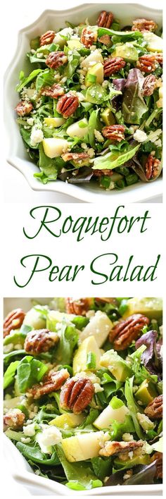 two pictures of a salad with lettuce and pecans