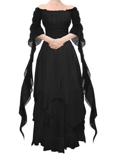 PRICES MAY VARY. Renaissance costume features: The renaissance dress women has elastic soft neckline, which can be worn on and off the shoulder will show a more beautiful neck lines, elasticized/high/smocked waist and bell sleeve, suitable for your body perfectly, full length will makes you more slim and slender. Medieval dress: Our renaissance dress is lithe that makes you look great, comfortable to wear. The dress has a lot of stretch to it. It can used as 90s outfit for women, 70s outfits for Masquerade Outfits For Women, Modest Costumes For Women, Spooky Costumes Women, Witch Dress Aesthetic, Woodland Witch Costume, Witchy Costume Ideas, Black Witch Outfit, Dark Fae Costume, Vintage Outfits Black