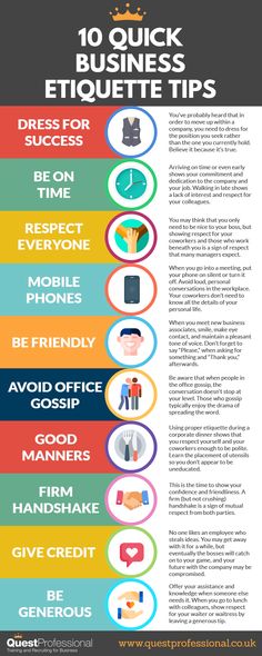 the 10 quick etiquette tips for successful business people infographical poster with icons and text