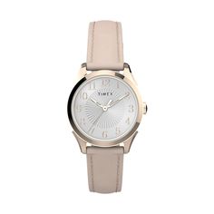 A perfect choice for any day of the week, this Timex leather watch combines classic design with casual looks. A perfect choice for any day of the week, this Timex leather watch combines classic design with casual looks. DISPLAY Dial color: silver tone Face cover material: mineral crystalCASE Material: gold-tone stainless steel Diameter: 28 mmBAND Material: pink leather Clasp: buckle Circumference: 190 mm Width: 14 mmDETAILS Movement: quartz Power: battery Water resistance: 30 meters Packaging: g Adjustable Leather Watch With Round Dial, Timeless Everyday Analog Watch Accessories, Classic Leather Watch With Adjustable Strap, Classic Adjustable Leather Watch, Timeless Everyday Analog Watches, Classic Watch For Everyday Use, Classic Everyday Watch Accessories With Metal Dial, Classic Everyday Watches With Adjustable Fit, Classic Leather Watch Bands For Everyday