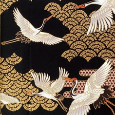 Quality Japanese cotton sheeting fabric features red-crowned cranes, clouds and metallic gold Seigaiha*(Ocean wave) patterns on Black background.  The crane and cloud motifs are outlined in metallic gold paint. This light-medium weight fabric is suitable for quilting, accessories, garments, home decor and various craft project. Materials : 100% cotton  sheeting  Made in Japan Qty 1 = half yard (18" x 43" wide) Qty 2= 1 yard (36" x 43") Qty 3= 1 1/2 yards (54" x 43") Qty 4 = 2 yards (72"x 43") Qty 5 = 2 1/2 yards(90"x43") Qty 6 = 3 yards (108" x 43") In Japan, red-crowned crane(丹頂鶴 Tancho Tsuru) is an auspicious bird and symbolizes longevity and doog fortune. *Traditional Japanese Seigaiha (青海波 Ocean wave) pattern represents the sea's bounty which express the infinite spread. It symbolizes Quilting Accessories, Red Crowned Crane, Crane Fly, Crowned Crane, Metallic Gold Paint, Ancient Japan, Gold Waves, Japanese Cotton, Ocean Wave