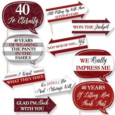 red and white photo booth props for 40 years of marriage or anniversary party with speech bubbles