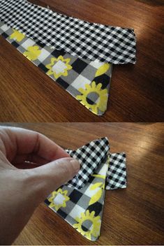 someone is making an origami sunflower tie with black and white checkered fabric