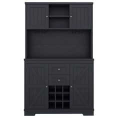 a black cabinet with doors and drawers on the bottom, in front of a white background