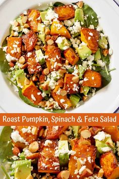 roasted pumpkin, spinach and feta salad on a white plate with text overlay