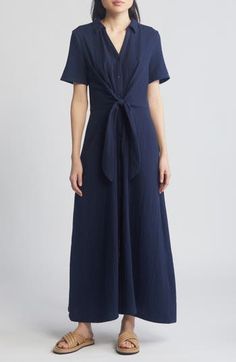 Breathable and soft gauze lends total comfort to a short-sleeve shirtdress accented with an oversized knot at the bodice. 55" length (size Medium) Button half-placket Spread collar V-neck Short sleeves Unlined 100% cotton Machine wash, line dry Imported Navy Blazer, Shirtdress, Bodice, Casual Wear, Knot, Top Brands, Short Sleeves, Nordstrom, Size Medium