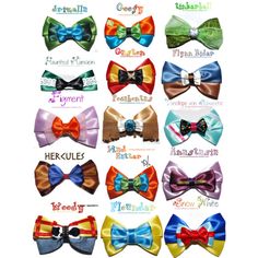 many different types of bow ties are shown in this image with the words, names and colors