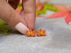 a woman's hand is touching two small orange maple leaves on the ground in front of her