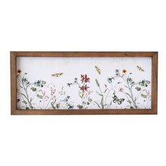 a wooden frame with flowers and butterflies painted on the wall behind it is a white background