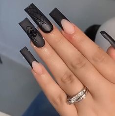 Halloween Black Acrylic Nails, Matte Black Nail Ideas Halloween, Coffin Shaped Halloween Acrylic Nails, Halloween Tapered Square Nails, Black Coffin Halloween Nails, Black Acrylic Nails Spiderweb, Long Tapered Square Acrylic Nails Halloween, Long Square Nails Halloween, Cute Black Halloween Nails