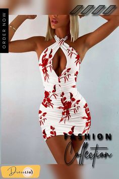 Halter Floral Print Cut-out Ruched Bodycon Mini Dress White Ruched Halter Neck Bodycon Dress, Spring Beach Bodycon Dress With Ruched Detail, Spring Ruched Bodycon Dress For Beach, Ruched Bodycon Dress For The Beach, White Ruched Bodycon Dress For Summer, Beach Bodycon Ruched Dress, Ruched Bodycon Beach Dress, Casual Ruched Bodycon Beach Dress, Casual Ruched Bodycon Dress For The Beach