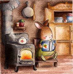 a drawing of a bunny reading a book in front of an oven with the door open