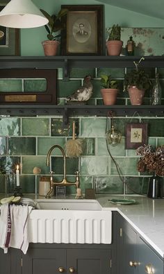 a kitchen with green tiles and potted plants on the shelf above the sink,