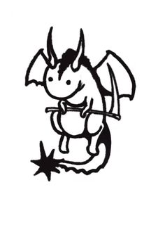 a black and white drawing of a dragon with a star on its back, holding a stick