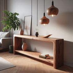 a living room with wooden furniture and hanging lights