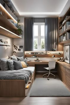 a bedroom with a bed, desk and bookshelf in the middle of it