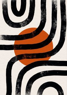 an orange and black abstract painting on white paper