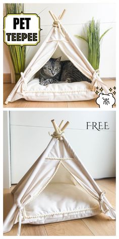 a cat laying in a teepee tent on the floor