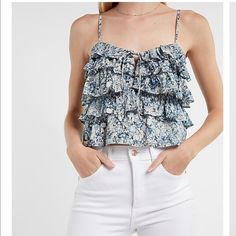 Nwt Express Cami! Never Worn. Perfect For Summer White Tiered Casual Tops, Casual White Tiered Top, White Tiered Tops For Summer, White Tiered Summer Top, Casual Tiered Tops With Floral Print, Casual Tiered Floral Print Top, Casual Tiered Tops For Brunch, Trendy Blue Ruffled Tops, Trendy Blue Tops With Ruffles