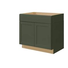 a green cabinet with two doors and one drawer