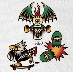 two skateboarders and an eagle with wings are depicted in this set of stickers