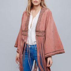 New W/ Defects Is An Overstock Outlet (Has Black Line Going Thru Cloth Label Name To Prevent Store Return) Authentic Free People Jacket - Dramatic Sleeve Suede Kimono - Super Luxe Shrunken Suede Kimono Featuring Beaded Embellishment And Dramatic Bell Sleeves. Free Falling Fringe Hem With Braided Detail Makes For An Effortless Fluidity. - Note: Defect Is Small Scuff On Right Sleeve Towards Bottom, Discoloration On Left Sleeve Upper, But Can Hide With A Bead, A Few Beads Came Off (The Singular One Chic Fringe Outerwear For Festivals, Chic Festival Outerwear With Fringe, Chic Festival Outerwear For Spring, Chic Spring Festival Outerwear, Chic Fitted Outerwear For Festivals, Chic Fitted Festival Outerwear, Fitted Beige Outerwear For Festivals, Free People Kimono, Dramatic Sleeves