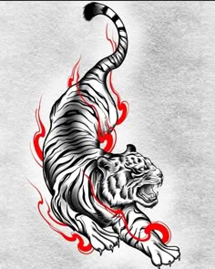 a white tiger with red flames on it's body and tail, running through the air