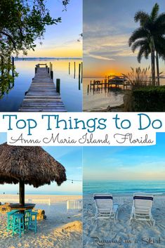 the top things to do in amamara island florida with pictures of beach chairs and thatched umbrellas