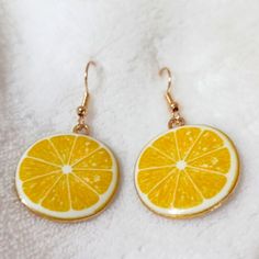 Yellow Color Lemon Earrings Spring Orange Drop Earrings, Spring Yellow Round Jewelry, Trendy Yellow Earrings With Ear Wire, Casual Yellow Earrings Perfect For Gifts, Casual Yellow Earrings For Gift, Trendy Yellow Drop Earrings, Casual Handmade Yellow Earrings, Casual Round Yellow Jewelry, Casual Yellow Round Jewelry