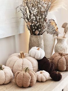 several decorative pumpkins on a table with dried flowers in vases next to them