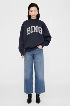 ANINE BING Bradie Sweatshirt Bing - Navy Annie Bing Sweater, Aesthetic Holiday, Vintage Designer Bags, Perfect White Tee, Zadar, Blazer Shirt, Solid & Striped, Anine Bing, Mock Neckline