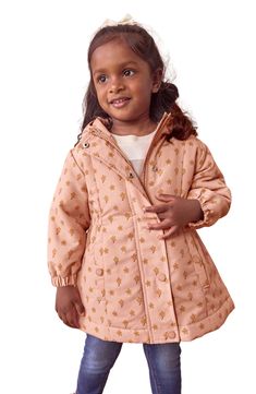 Posies pepper a water-resistant jacket that's lined in cozy fleece and topped with a roomy hood to become your little one's go-to on rainy days and beyond. Front zip closure with snap storm placket Fixed hood Elastic cuffs Internal drawcord waist Front snap-flap pockets Water resistant Fleece lining 100% recycled polyester Machine wash, tumble dry Imported Pink Showers, Water Resistant Jacket, Pink Coat, Girl Coat, Fabric Gifts, Free Fabric, Baby Wearing, Hand Warmers, Hooded Jacket