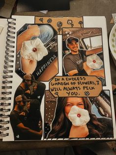 an open notebook with pictures of people and flowers on it, along with the words happiness