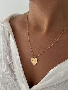 Add your customization and layout preferences in the text box 14k gold-filled necklace, water and tarnish-resistant, 18in Cute Simple Necklaces For Girlfriend, Necklace For Her, Necklace From Boyfriend, Everyday Gold Engraved Heart Necklace, Sentimental Gifts For Girlfriend, Jewelry For Girlfriend, Necklaces For Girlfriends, Gold Engraved Heart Necklace For Gift, Minimalist Engraved Heart Necklace For Personalized Gift