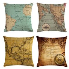 four pillows with maps on them in different colors and sizes, each one has a compass