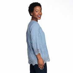 746-531 - Indigo Thread Co.™ Woven & Crochet Lace Long Sleeve Embroidered Scalloped Hem Top Indigo Long Sleeve Bohemian Top, Blue Cotton Embroidered Top With Hem Detail, Blue Cotton Embroidered V-neck Top, Indigo Bohemian V-neck Top, Bohemian Blouse With Lace Trim And 3/4 Sleeves, Carefree Fashion, Comfy Jeans, Tapered Leg Jeans, Free Spirit Style