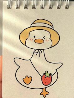 a drawing of a duck wearing a straw hat and holding a strawberry in its hand