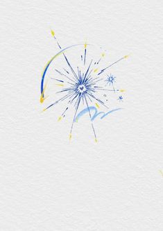 a blue and yellow firework on white paper