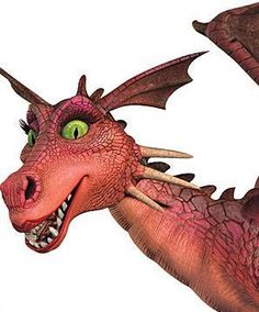 a red dragon with green eyes and sharp teeth