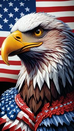 an eagle painted in the colors of the american flag with stars and stripes on it