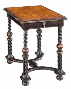 an antique wooden table with two legs and a drawer on one side, in the shape of a square