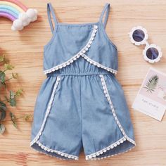 Material: Cotton Size: 6-12 Months 2t 3t 4t 5t Care: Machine Wash Cute Blue Sleeveless Sets, Cute Sleeveless Blue Sets, Cute Blue Cotton Set, Blue Cotton Playdate Sets, Cute Blue Sets For Summer, Cute Blue Sets For Playdate, Light Blue Romper, Terry Cloth Romper, Toddler Jumpsuit